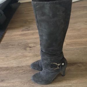 Grey knee high suede boots